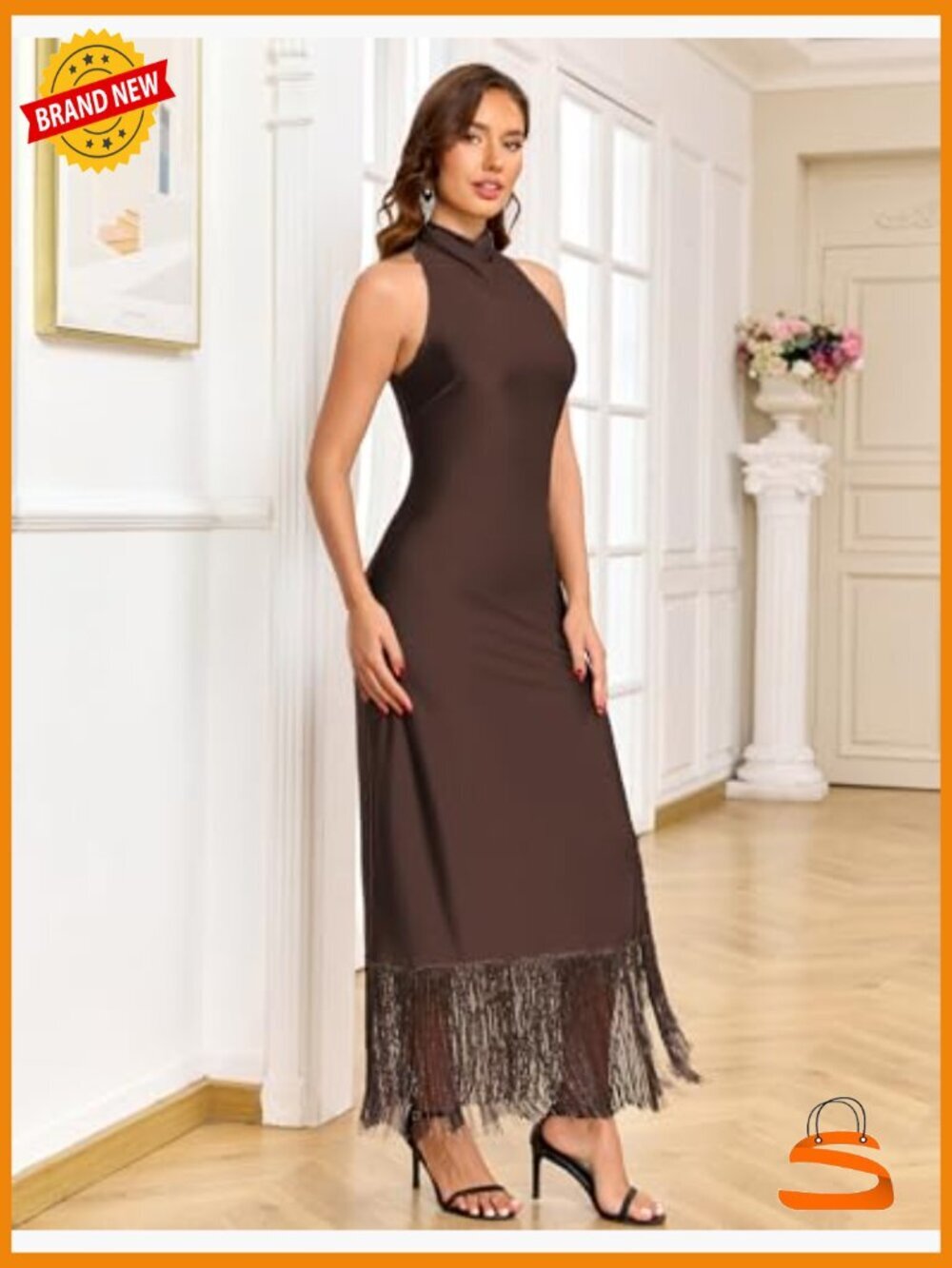Vintage Flapper Maxi Dress High Neck Tassels Split Sleeveless Formal Gown - Picture 5 of 7